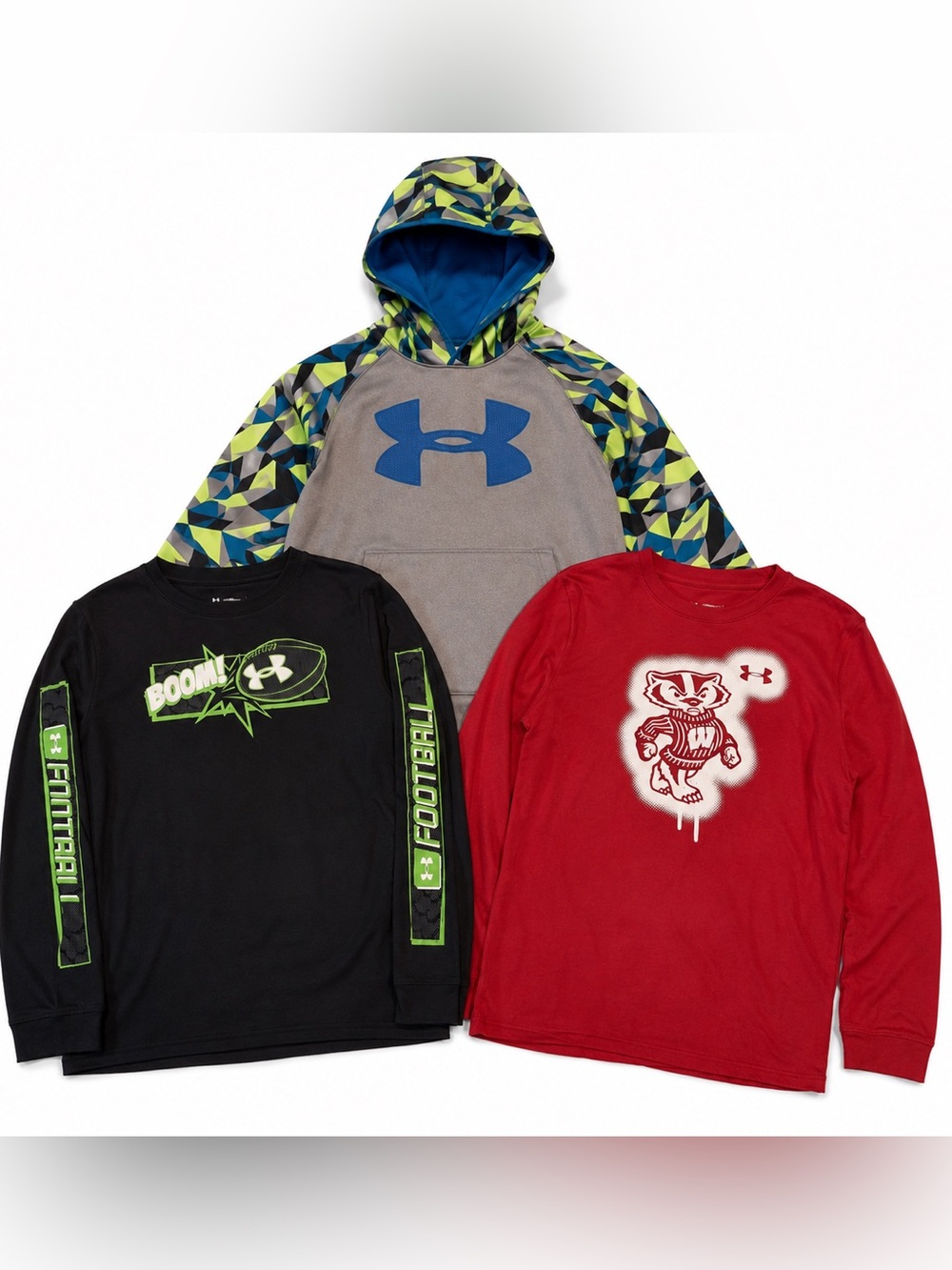 Under Armour Boys 3-Piece Top Bundle Lot ColdGear Hoodie Badgers YL YXL
